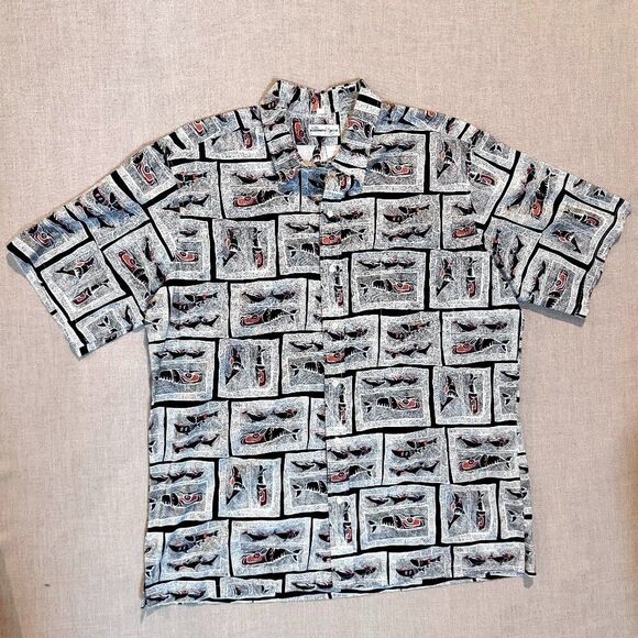 Vintage 90s AFTCO Bluewater Wear Fishing Shirt XXL Made in USA Tribal Fish Print - Picture 2 of 9